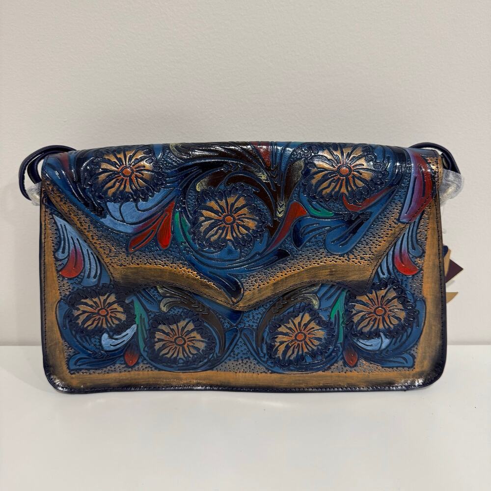 Sukriti Womens Genuine Leather Cross Body Hand Painted Bag Purse Blue Gold NEW
